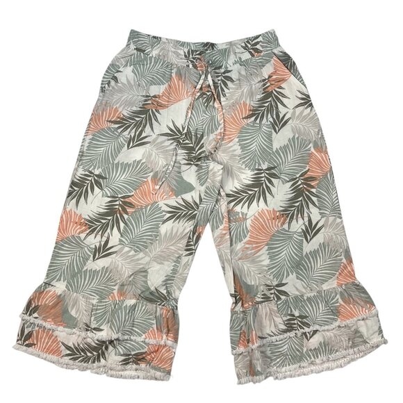 Cato Hi-Rise Cropped Linen Pants Size Large Wide Leg Capri Culotte Ruffle Hem - Picture 4 of 11